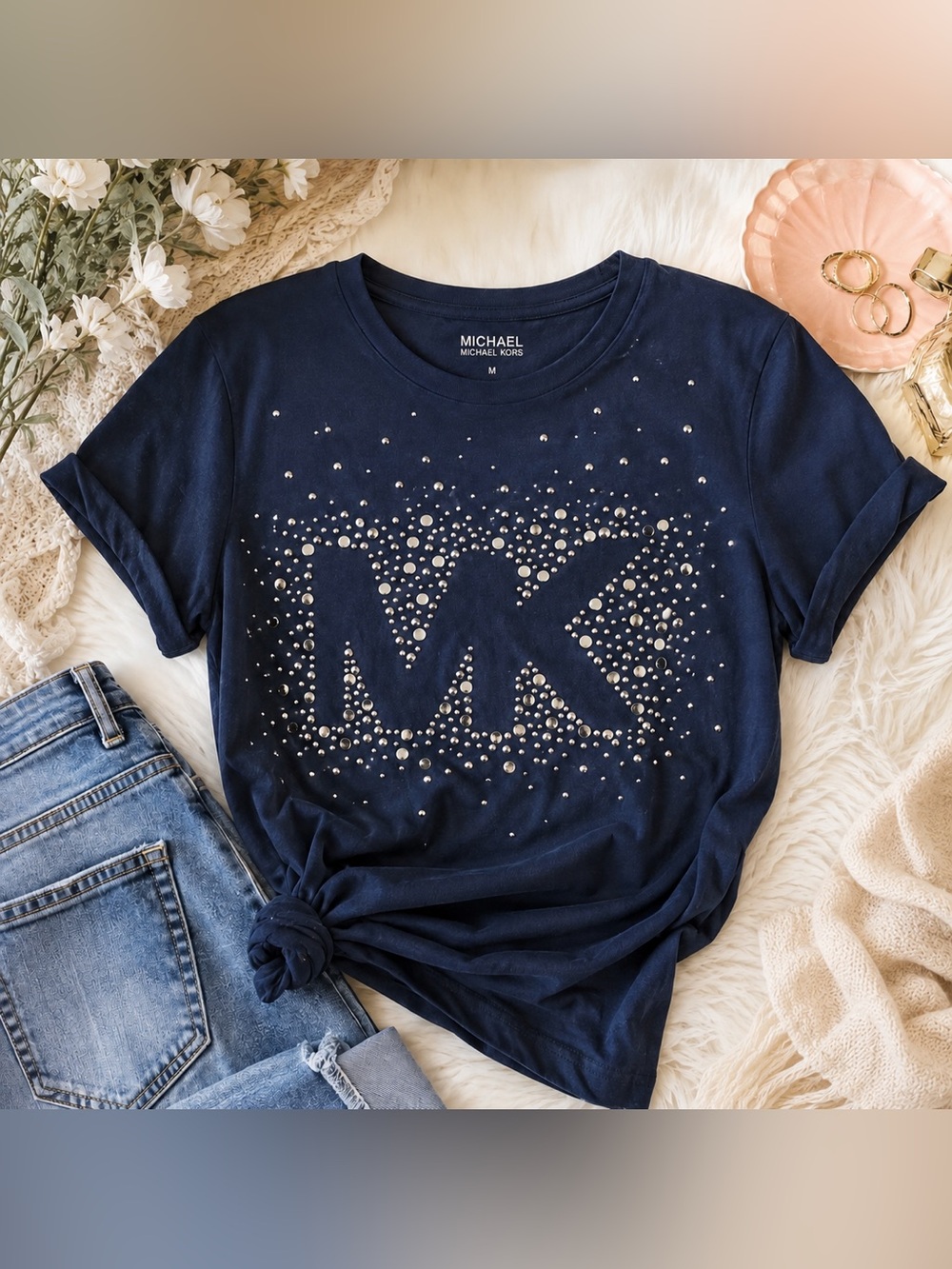 MICHAEL Michael Kors Rhinestone MK Logo Tee Navy Size M